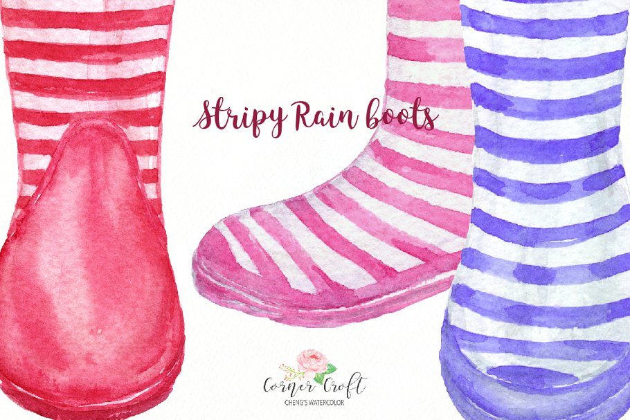 水彩条纹雨靴剪切画&水彩花卉 Watercolor Stripe Rain Boots插图(4)