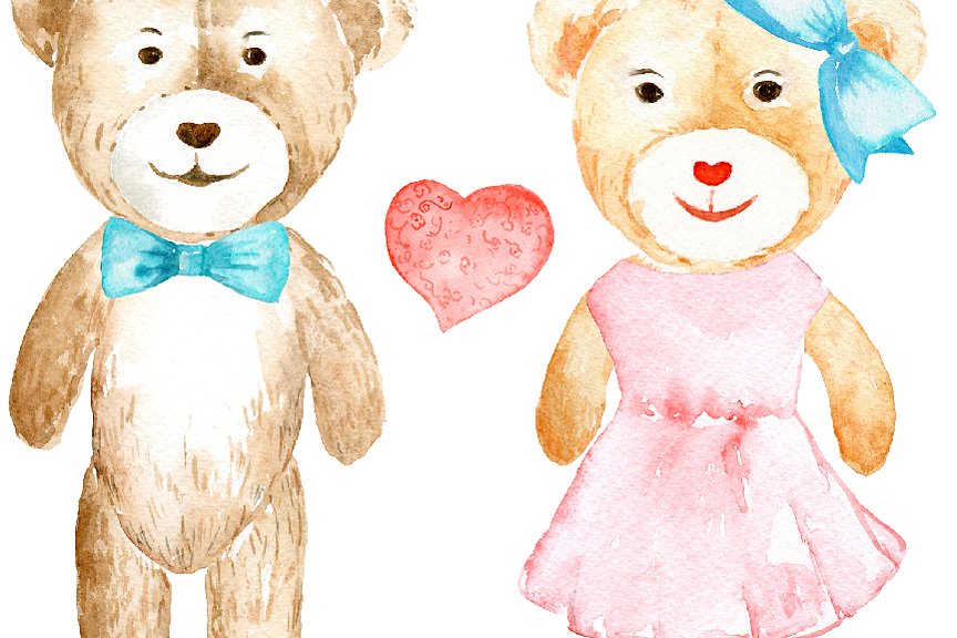 可爱水彩手绘泰迪熊剪贴画 Watercolor Clipart Teddy Bear Love插图(2)