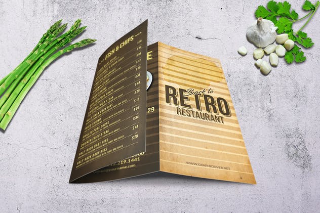 80年代复古三折页西餐厅菜单模板 80’s Retro Trifold A4 & US Letter Menu插图(3)