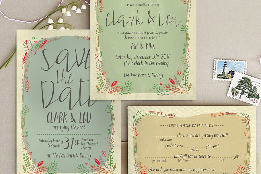 花环装饰风格婚礼邀请函设计素材 Wreath Illustration Wedding Suite插图(1)