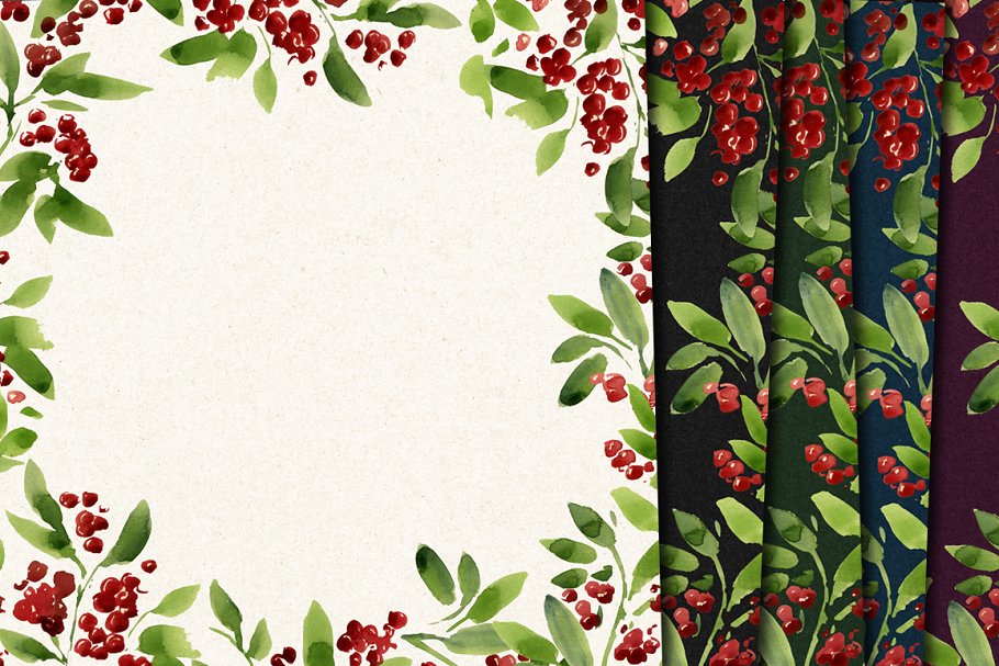 圣诞主题水彩植物花卉图案纹理 Watercolor pattern,christmas插图(3)