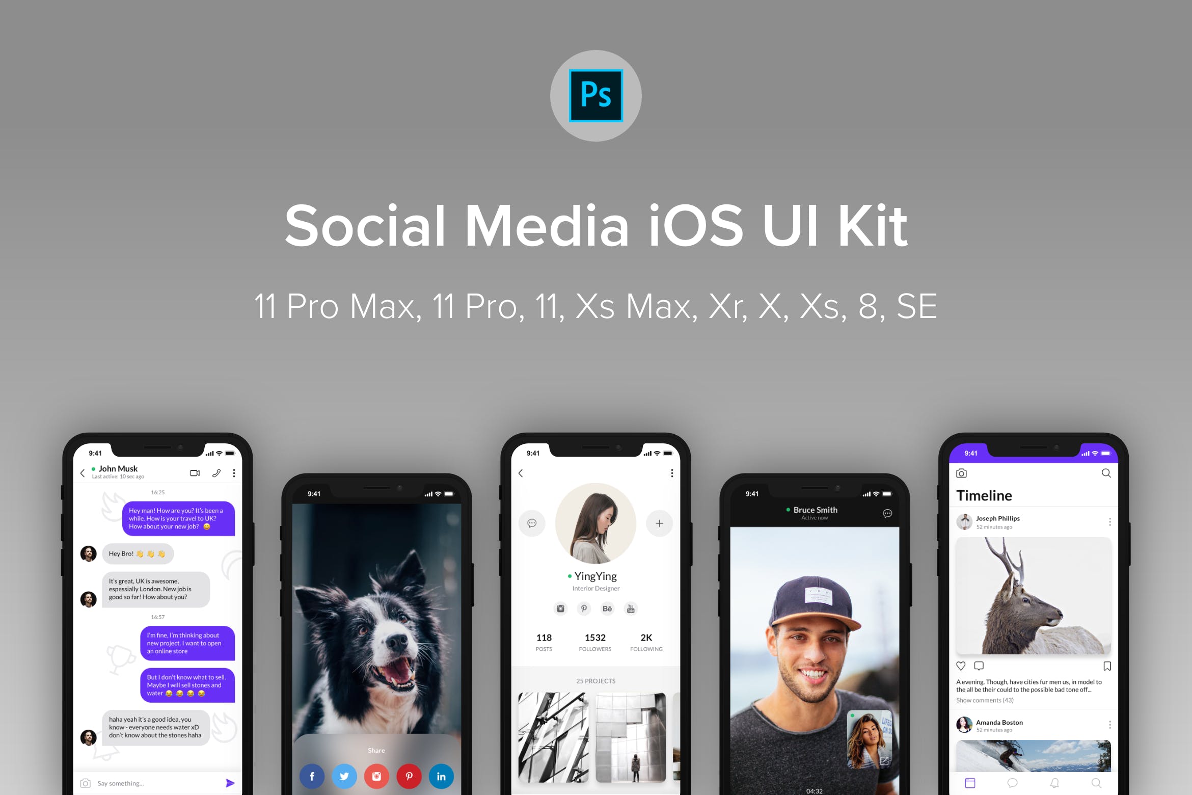iOS平台社交媒体APP应用UI设计套件PSD模板 Social Media iOS UI Kit (Photoshop)插图