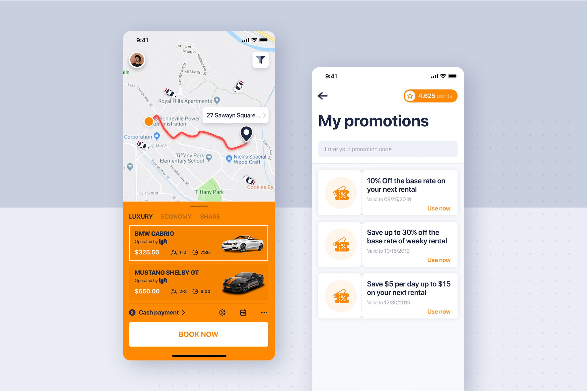 类滴滴打车APP应用我的优惠界面设计模板 Car rental mobile UI Kit – My Promotions插图