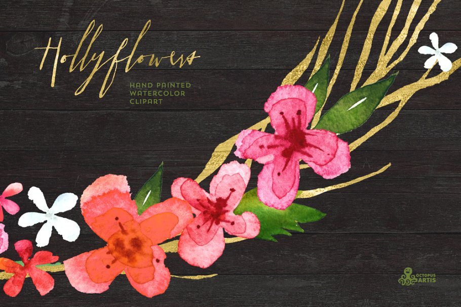 高质量手绘水彩花束剪贴画 Hollyflowers. Holiday floral set插图(1)