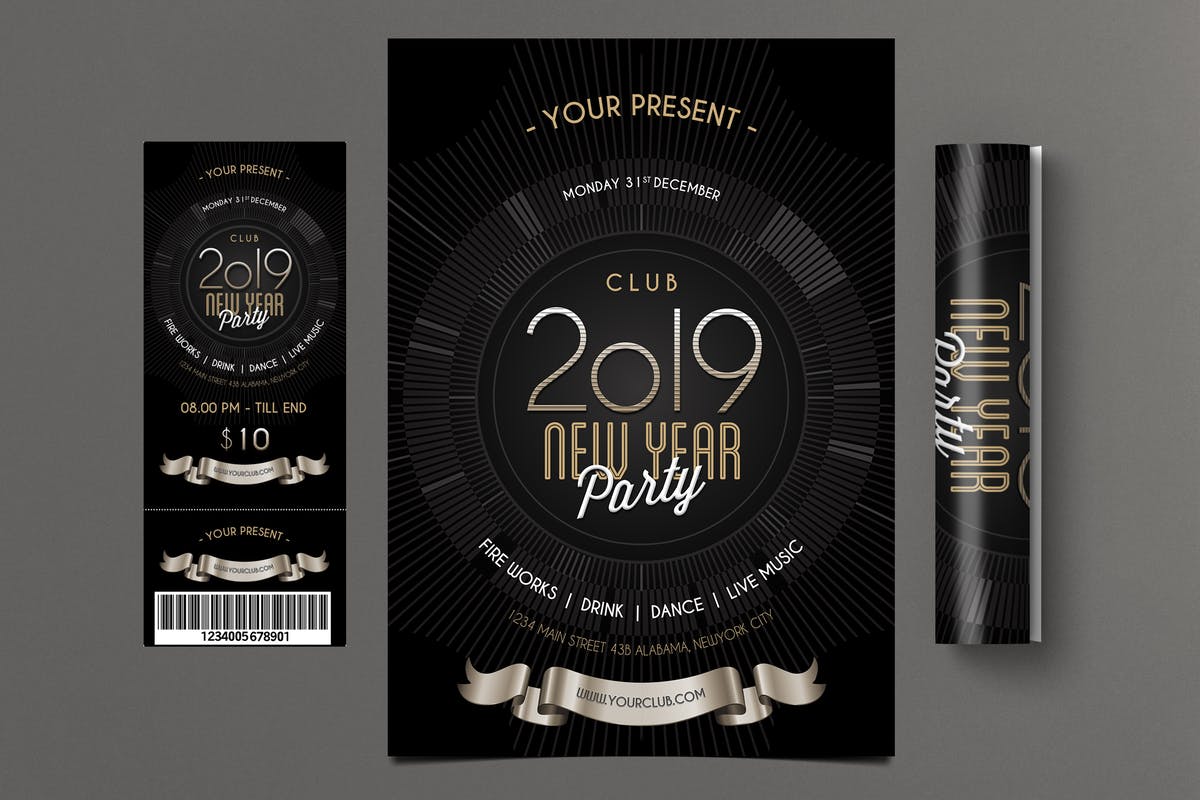 酷黑背景圆形线条图形2019新年海报设计模板 New Year Party 2019插图