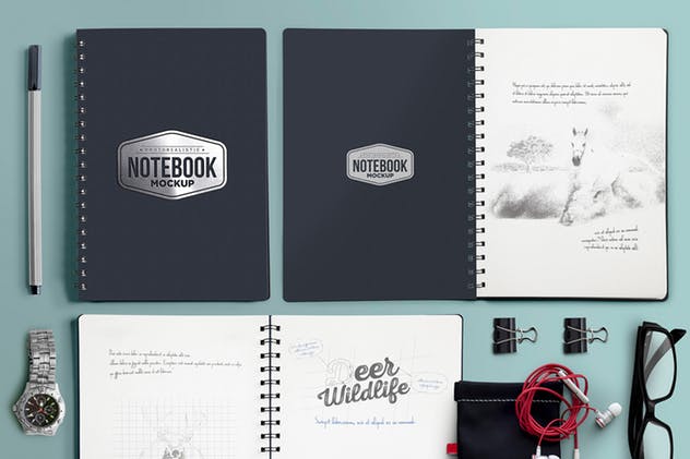 活页笔记本/日记本样机套装 4 Notebook Mockups With Movable Elements插图(1)