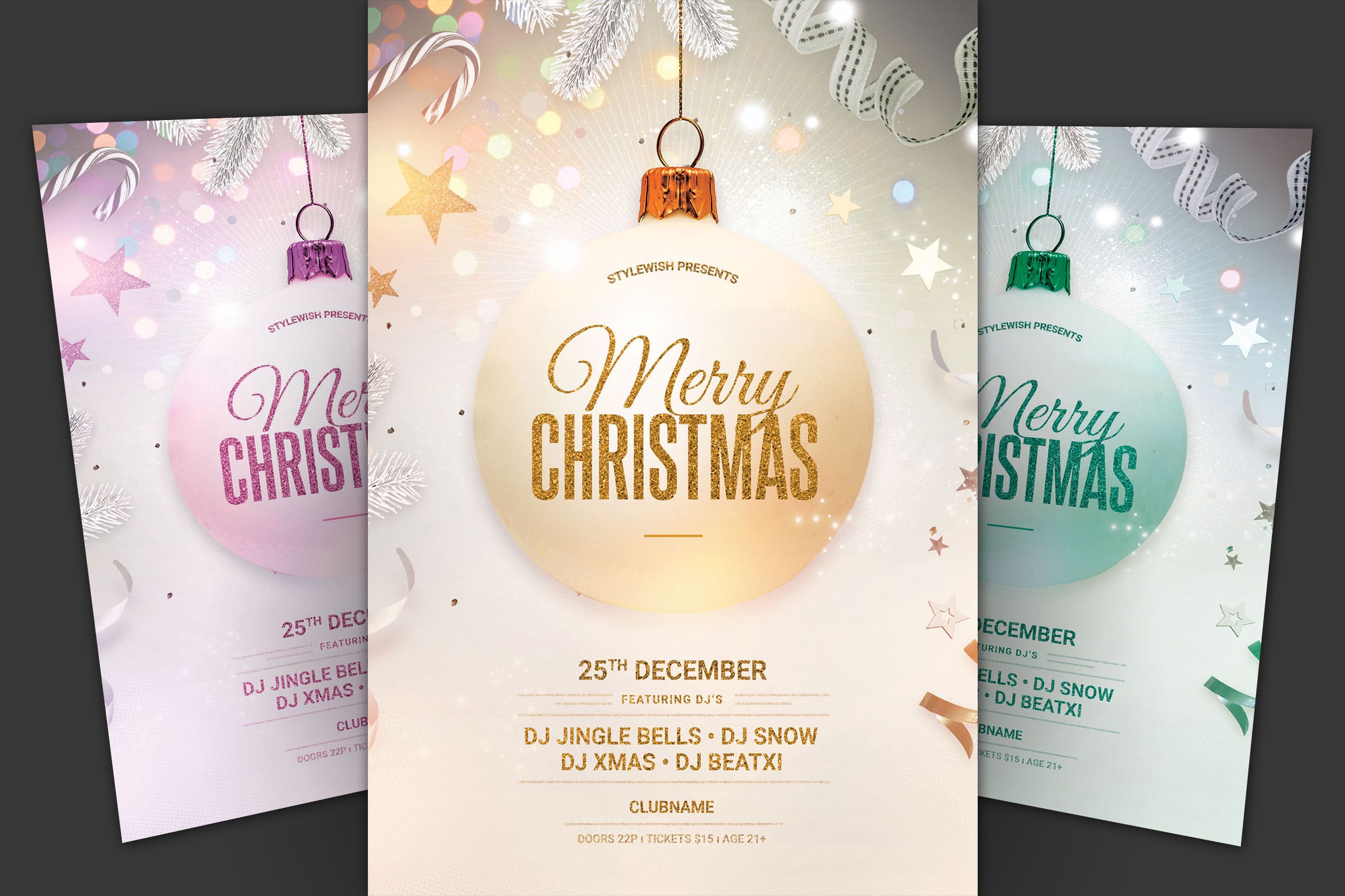 圣诞球装饰风格圣诞节主题海报传单模板 Merry Christmas Flyer插图