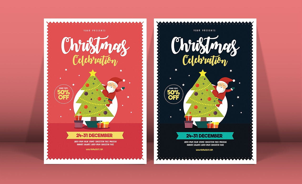 圣诞树/圣诞老人/圣诞礼物圣诞节促销活动海报模板 Christmas Celebration Flyer插图(1)