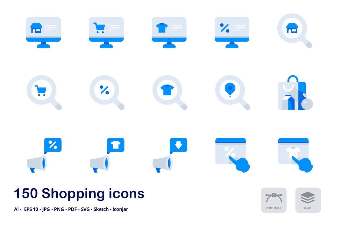 150枚购物&电子商务主题双色调扁平化图标素材 Shopping and E-commerce Accent Duo Tone Icons插图(3)