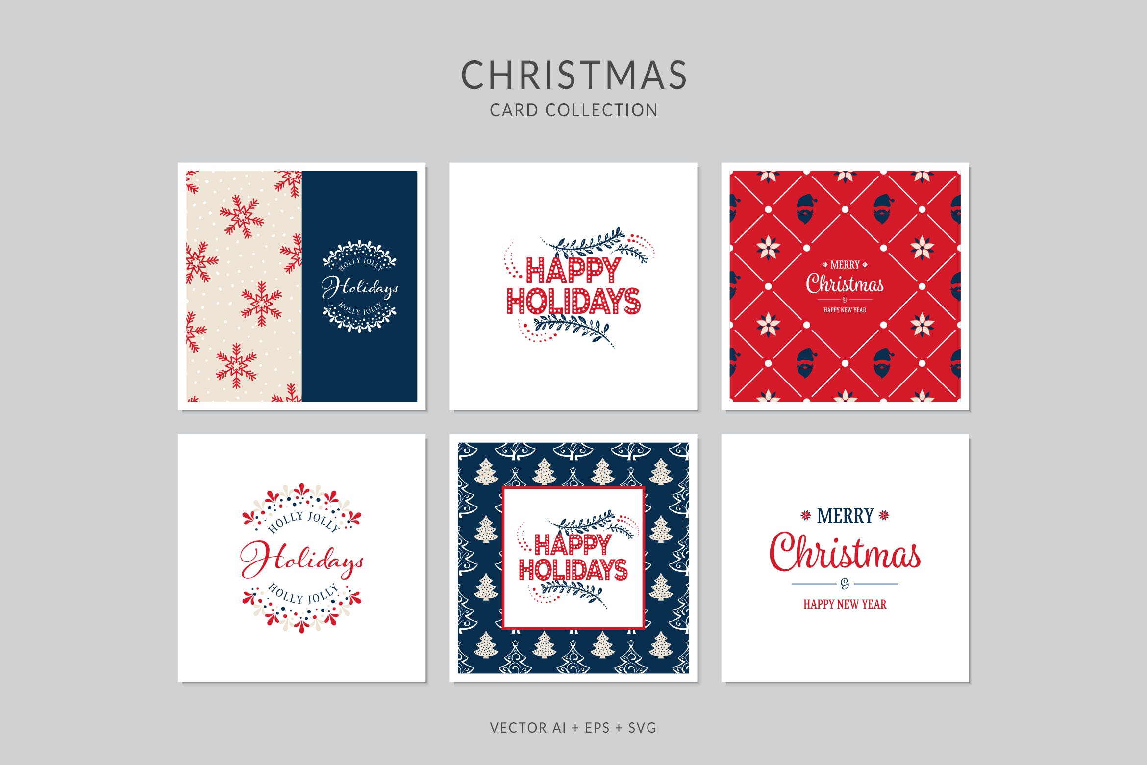 浓厚节日氛围圣诞节贺卡矢量设计模板集v3 Christmas Greeting Card Vector Set插图