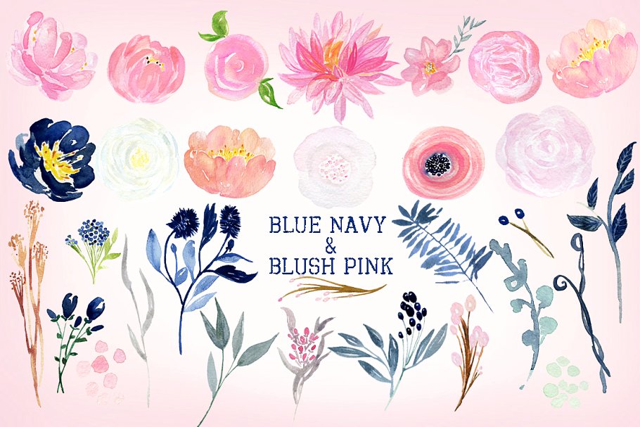 浪漫海军蓝粉色花卉水彩剪贴画合集 Navy blue and blush pink flowers插图(1)