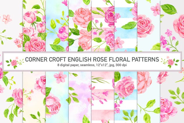 英国玫瑰水彩插画背景素材 Watercolor English Rose Pattern插图(1)
