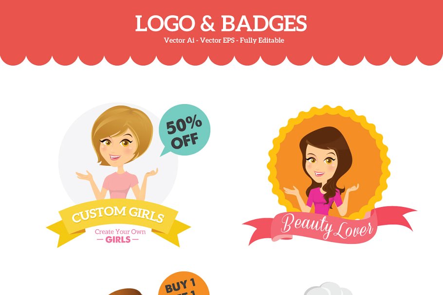 卡通女孩形象Logo徽标设计素材包 Custom Girls – Logo & Badges Creator插图(2)