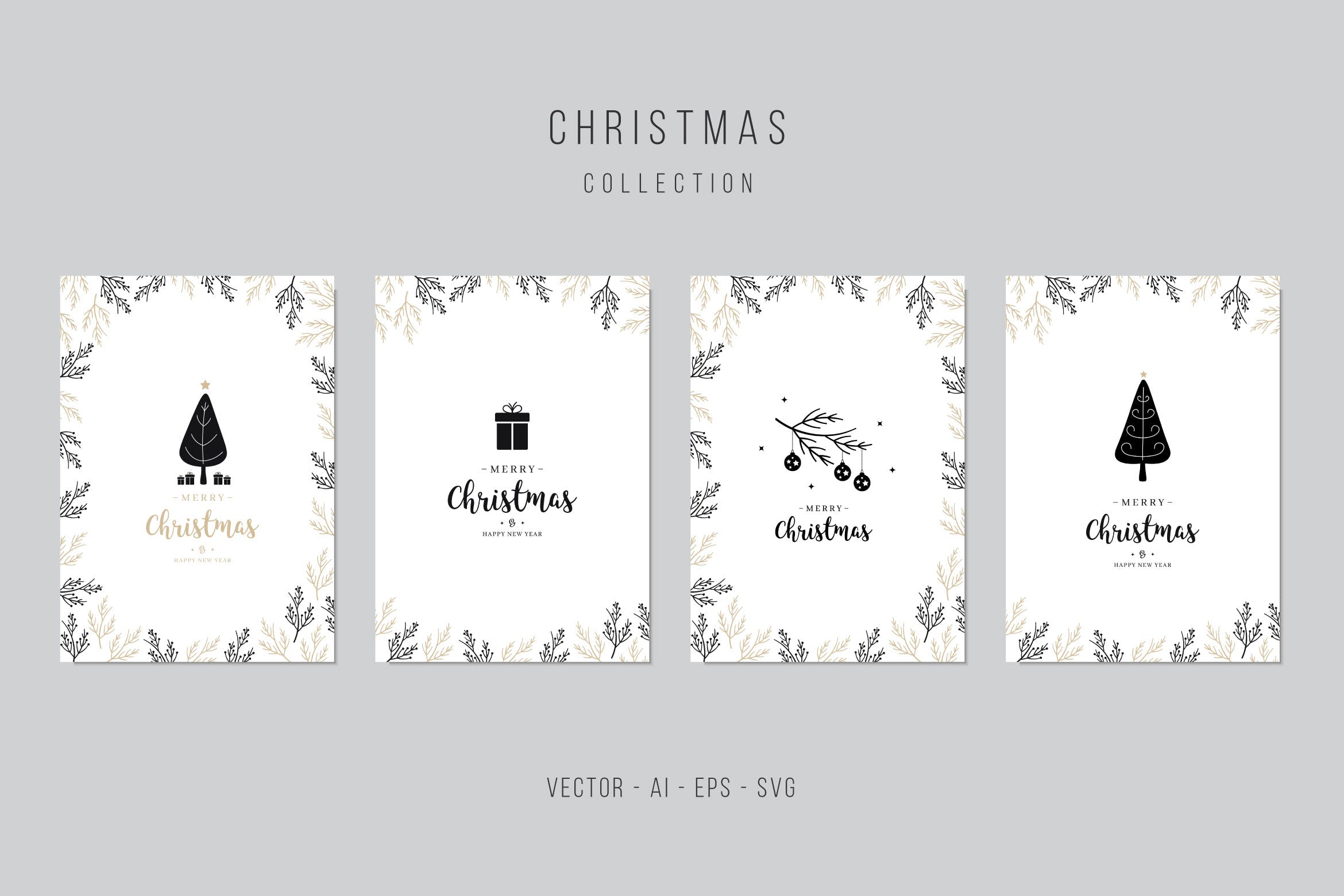 植物手绘图案圣诞节贺卡矢量设计模板集v1 Christmas Greeting Vector Card Set插图