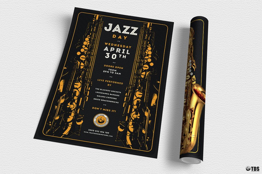 爵士音乐现场演奏会海报传单PSD模板V.2 Jazz Day Flyer PSD V2插图(2)