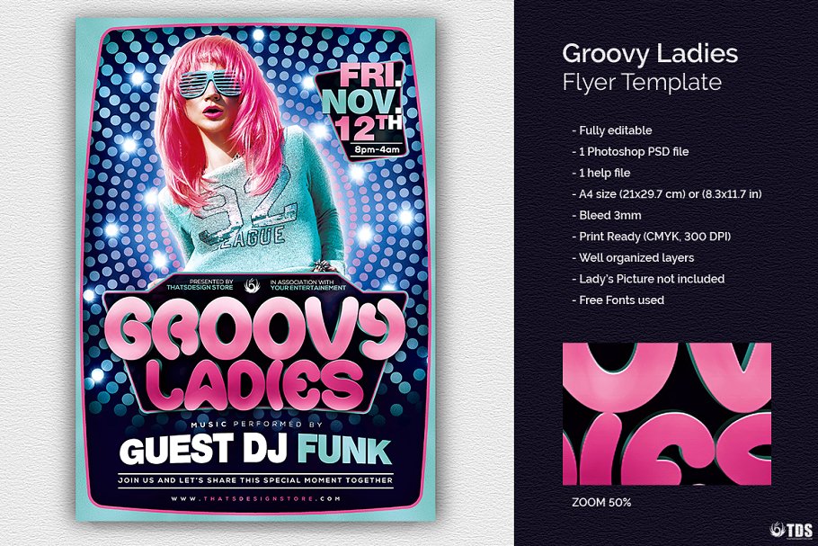 DJ音乐狂欢派对宣传传单PSD模板 Groovy Ladies Flyer PSD插图