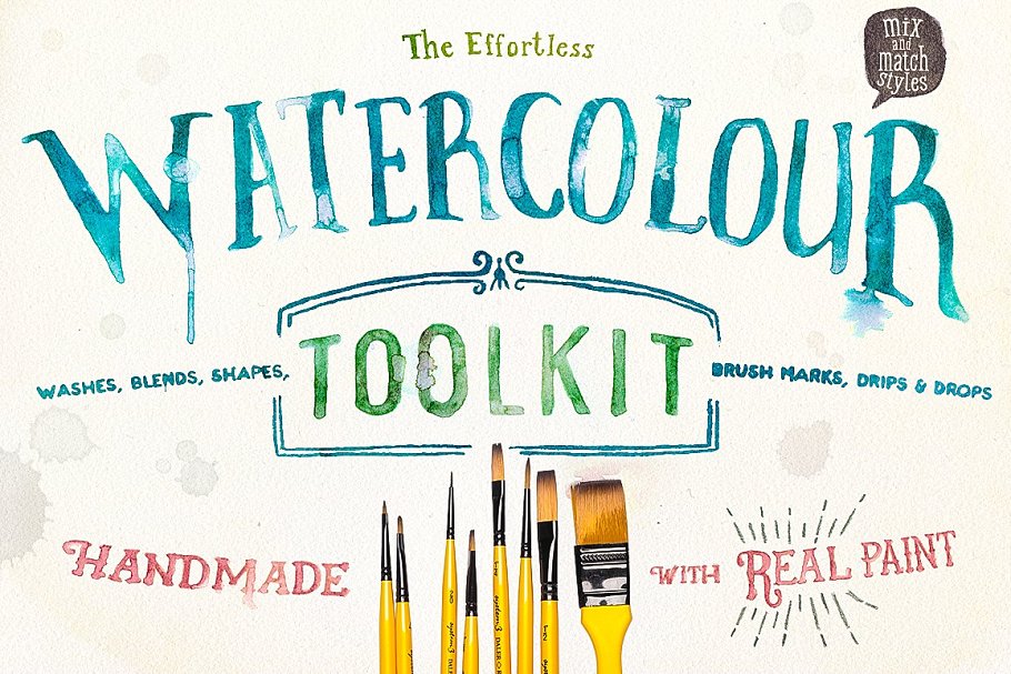 超级水彩绘画素材合集[笔刷、图形、剪贴画…] Watercolour toolkit paint effects插图