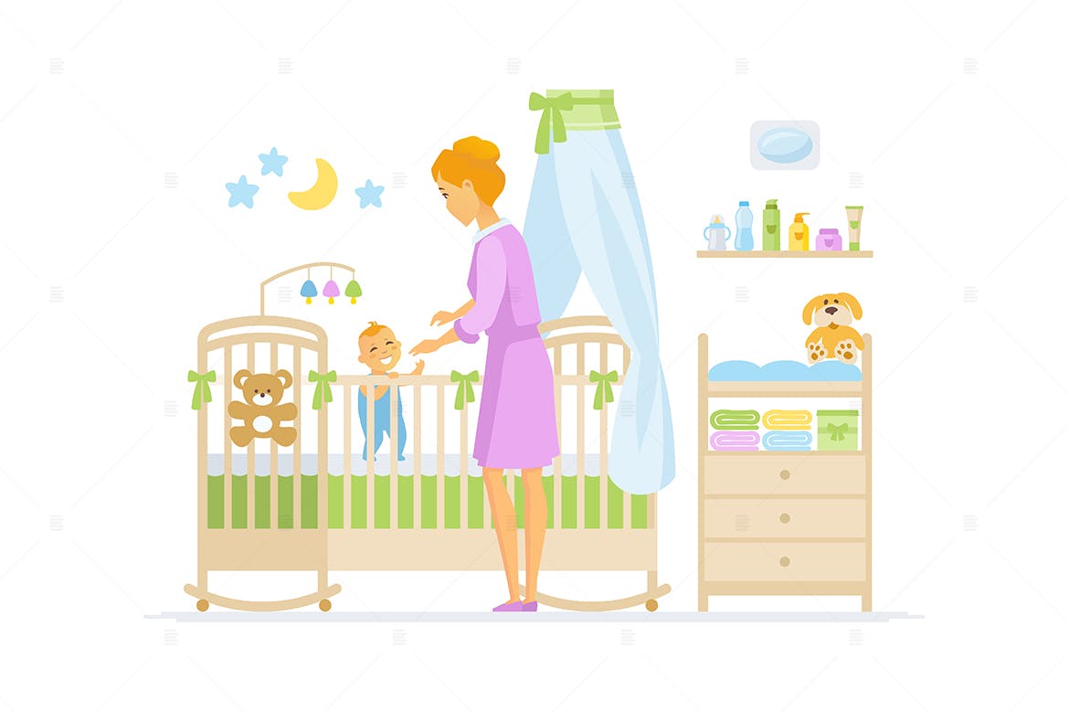 婴儿看护场景卡通人物矢量插画 Mother with baby – cartoon characters illustration插图(1)