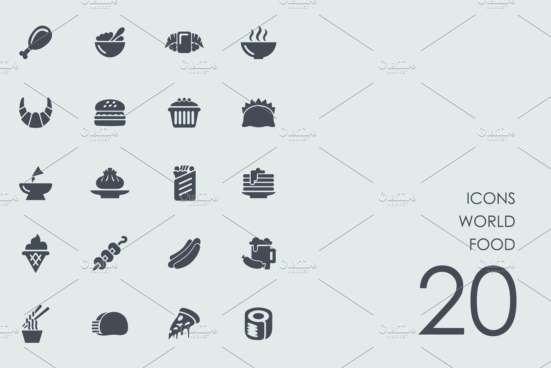 一组20个美食元素矢量图标  World food icons插图