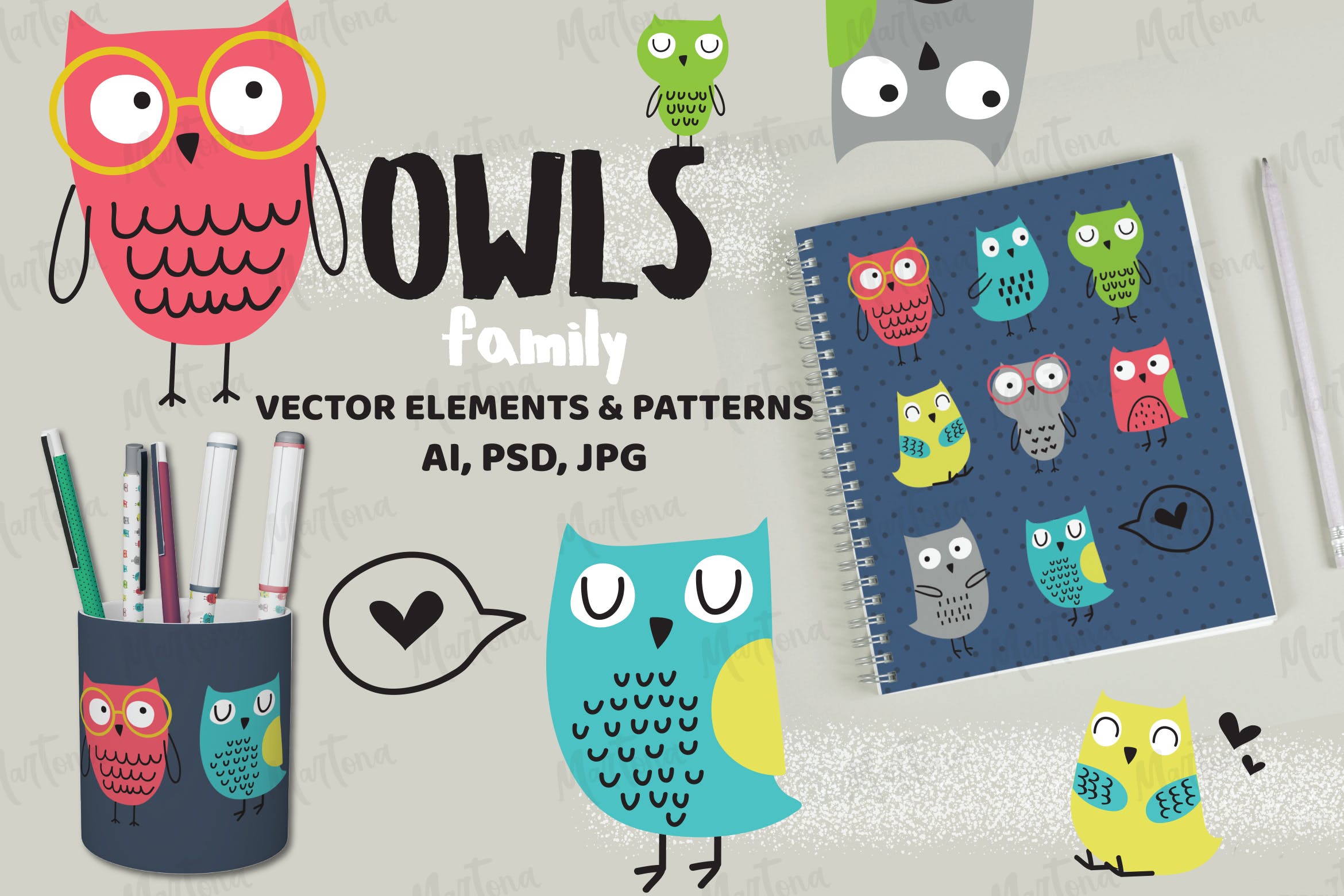 猫头鹰家族水彩手绘图案设计素材 Owls Family插图