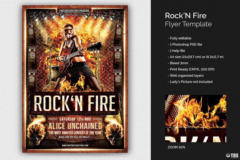 热血沸腾摇滚音乐活动海报传单设计PSD模板 Rock’N Fire Live Flyer PSD插图
