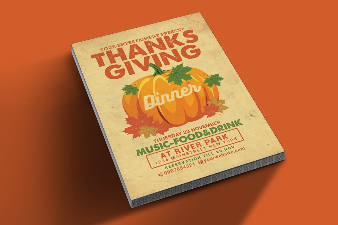 复古设计风格感恩节晚宴活动海报传单设计模板 Thanksgiving Dinner Flyer插图(1)