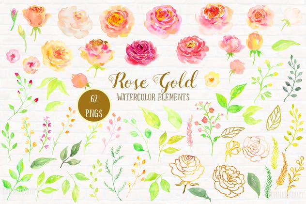 玫瑰金水彩花卉设计素材套装 Watercolor Design Kit Rose Gold插图(2)