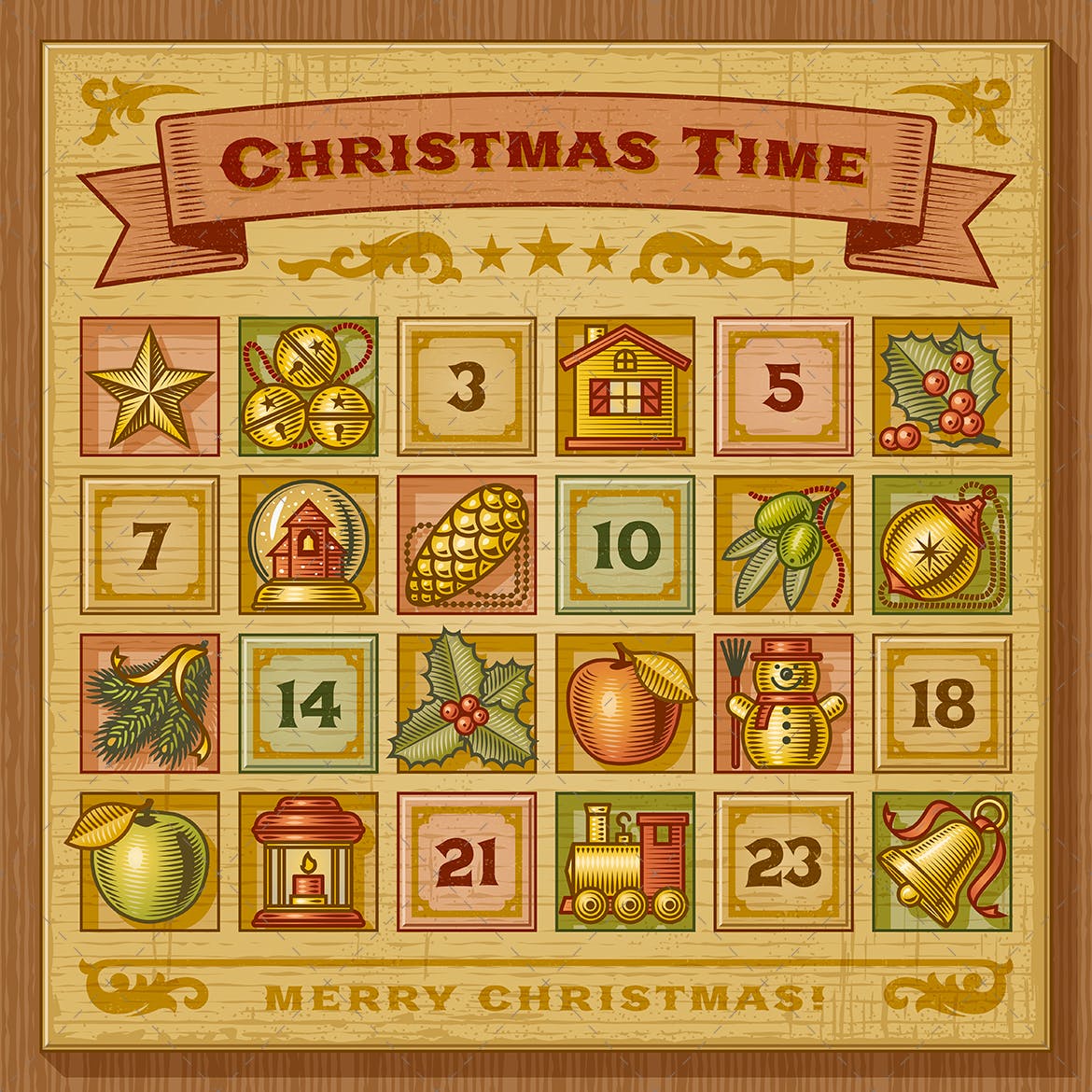 复古木刻风格圣诞节主题日历设计模板 Vintage Christmas Advent Calendar插图(1)