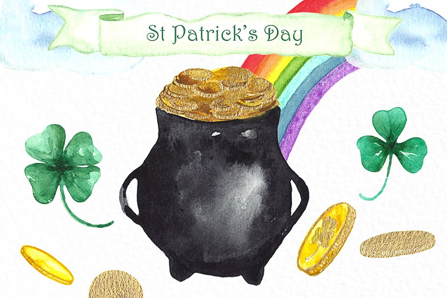 圣帕特里克节主题水彩剪贴画 St Patrick’s day. Watercolor clipart插图(2)