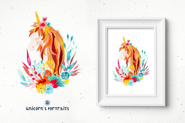 创意独角兽动物肖像水彩插画 Unicorn’s Portraits插图(2)