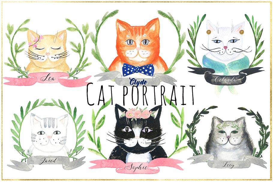 可爱猫猫水彩插画 Cat portrait creator. Watercolors.插图(2)