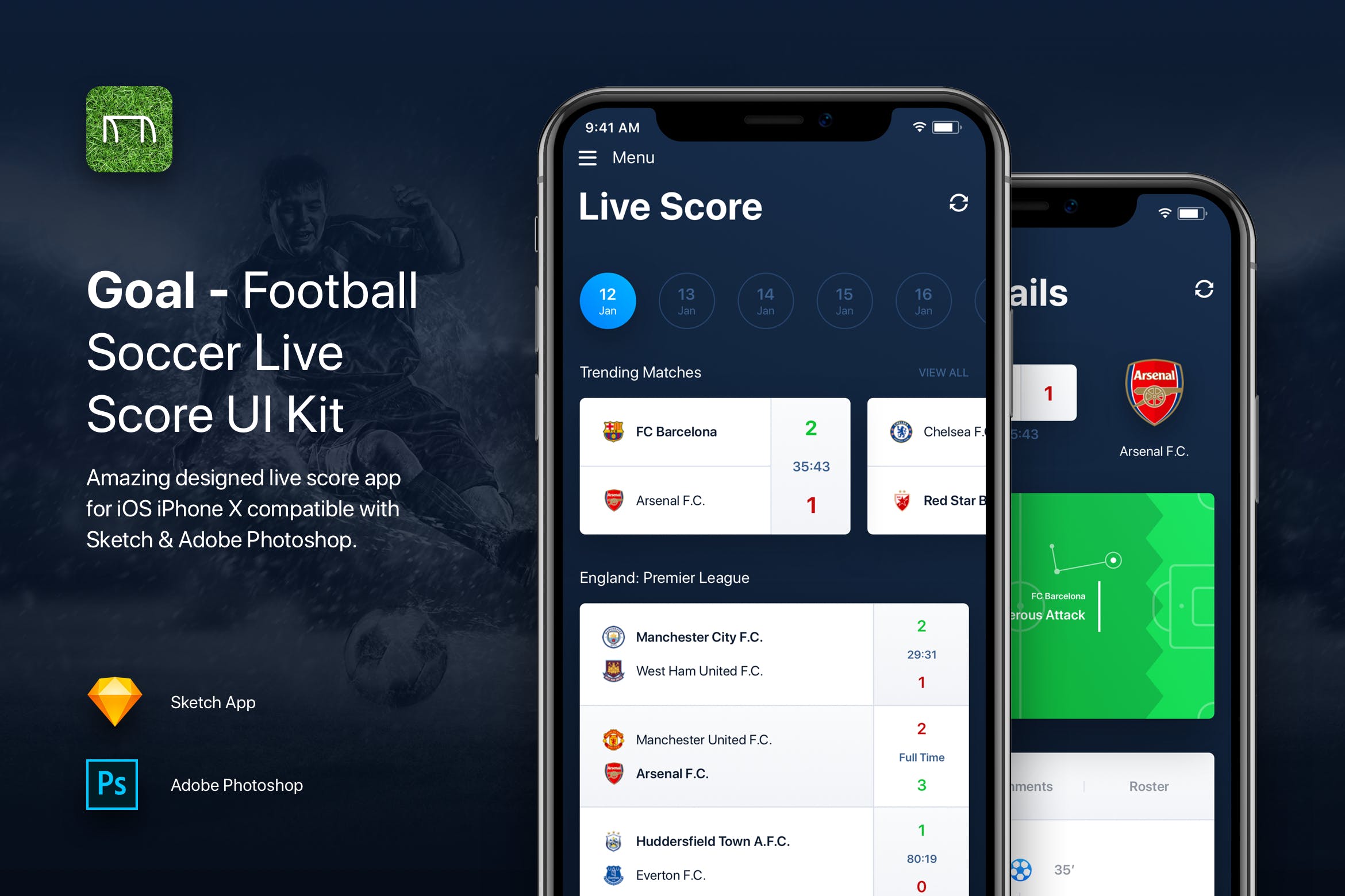 足球实时比分APP应用UI设计模板 Goal – Football Soccer Live Score UI Kit Template插图