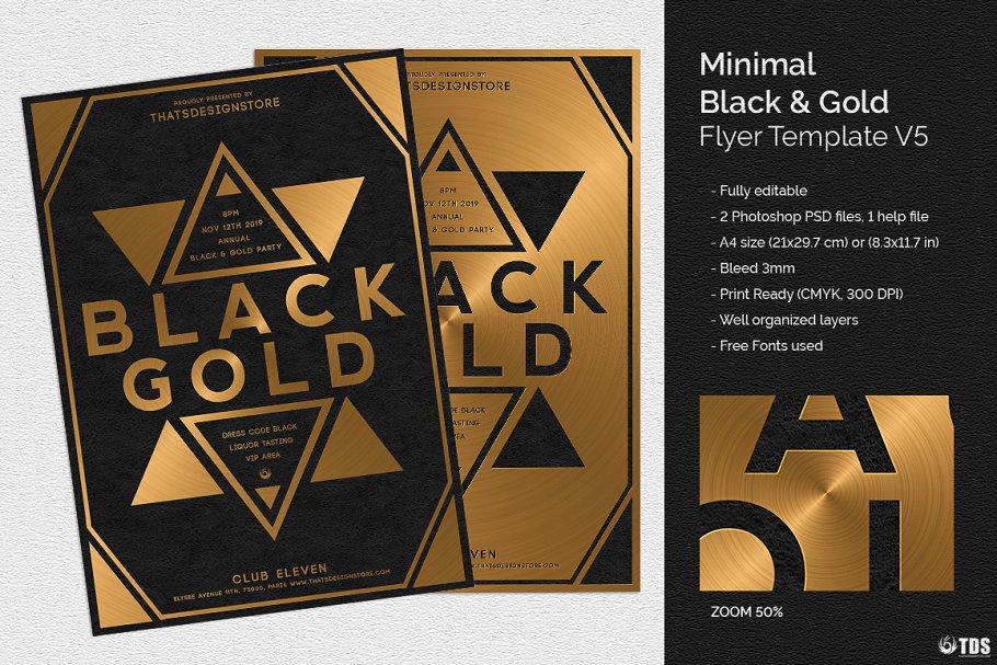 极简主义黑金俱乐部PSD传单模板V.5 Minimal Black Gold Flyer PSD V5插图