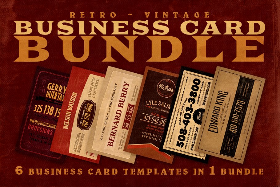 6款复古企业商务名片模板 Retro Business Cards插图