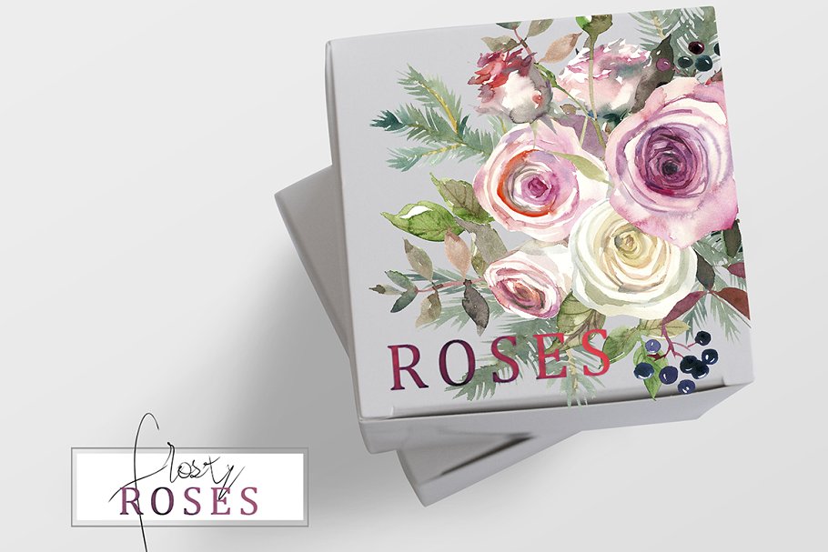 霜白玫瑰花水彩画设计素材 Frosty Roses Watercolor Flowers Set插图(21)