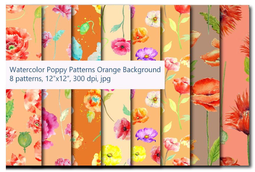 橙色水彩罂粟花图案纹理 Watercolor Poppy Pattern Orange插图
