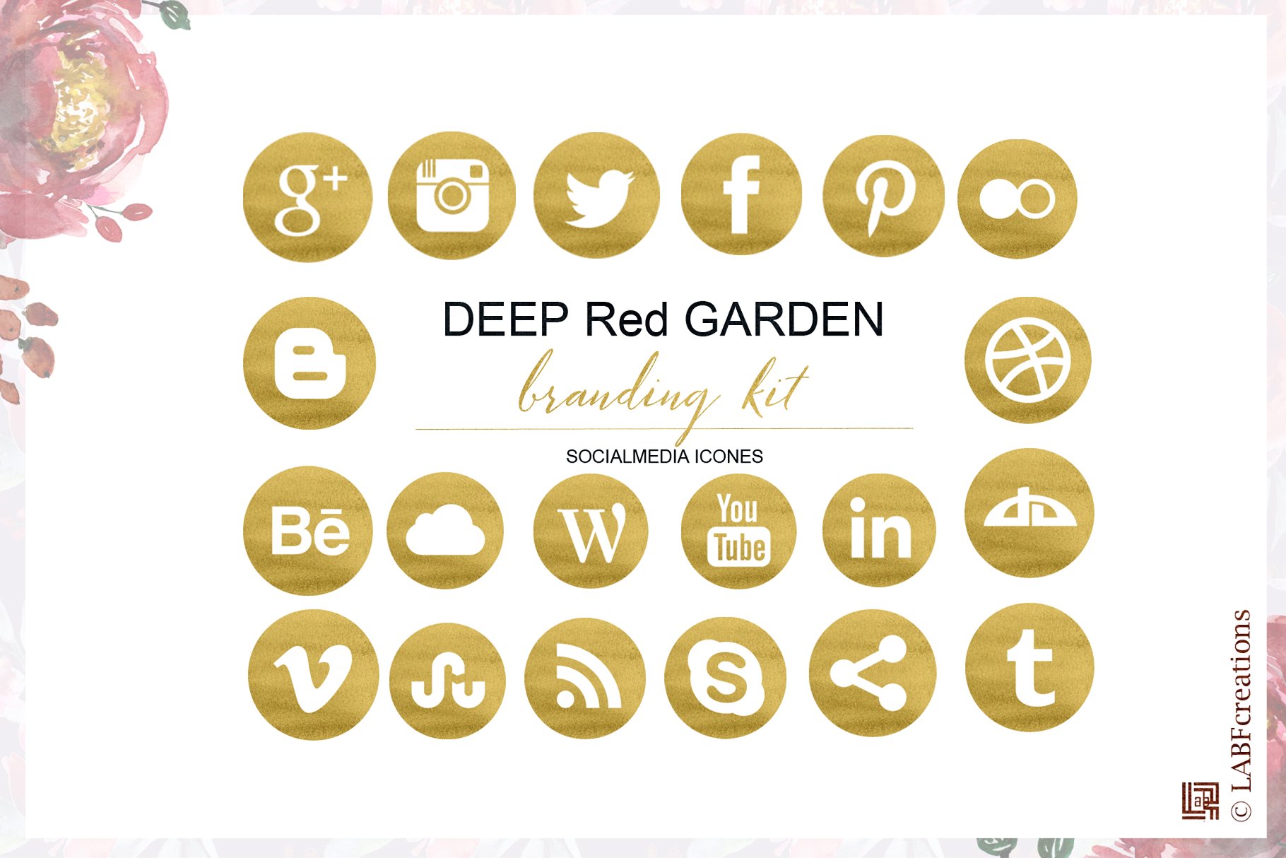 深红色水彩花卉元素 Deep red garden. Branding kit.插图(2)