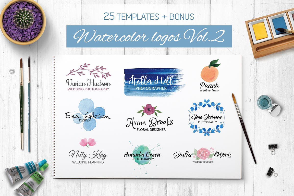 优雅水彩花卉品牌Logo徽标模板Vol.2 Watercolor Logo Templates Vol.2插图