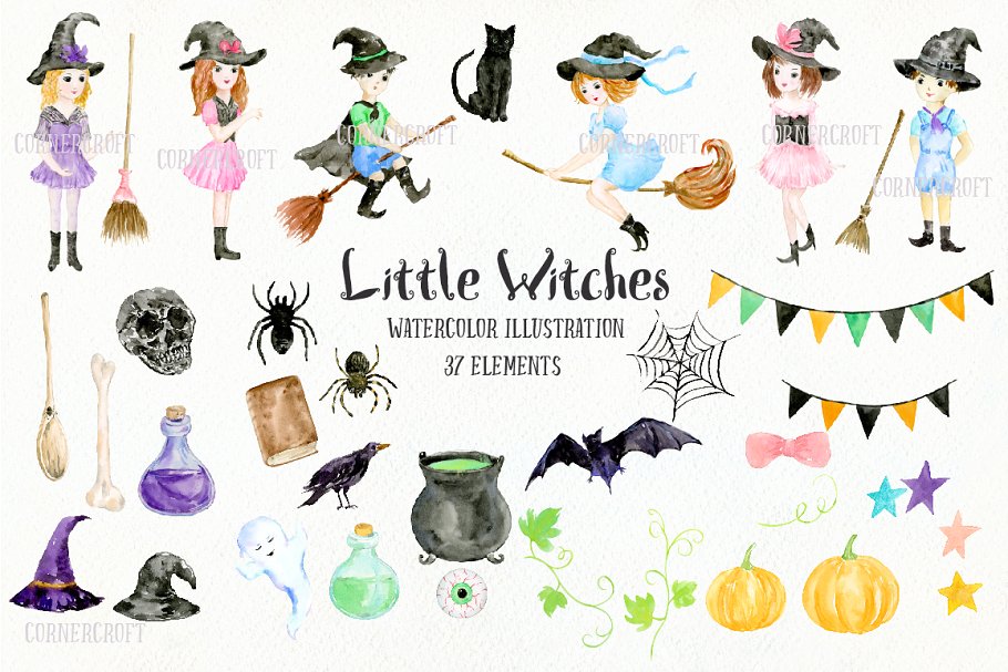 水彩小女巫设计套装 Watercolor Little Witch Design Kit插图(2)