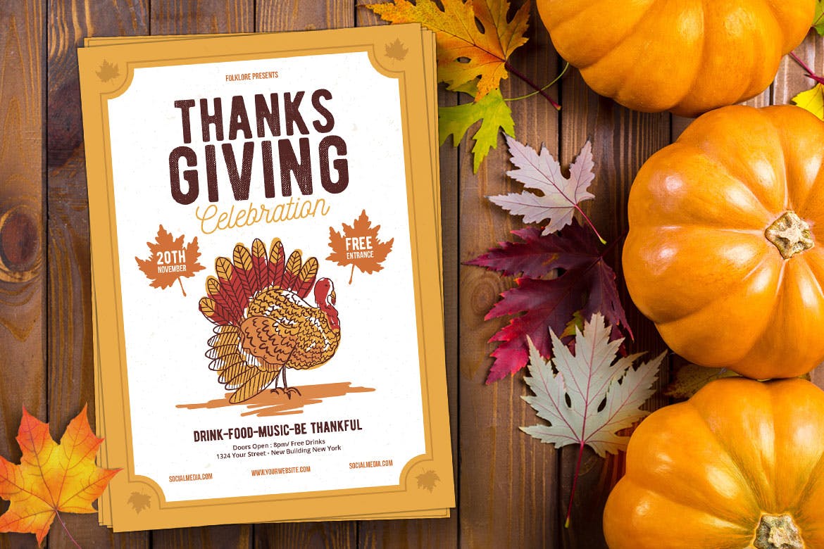 感恩节火鸡节美食庆祝活动海报设计模板 Thanksgiving Celebration插图(2)