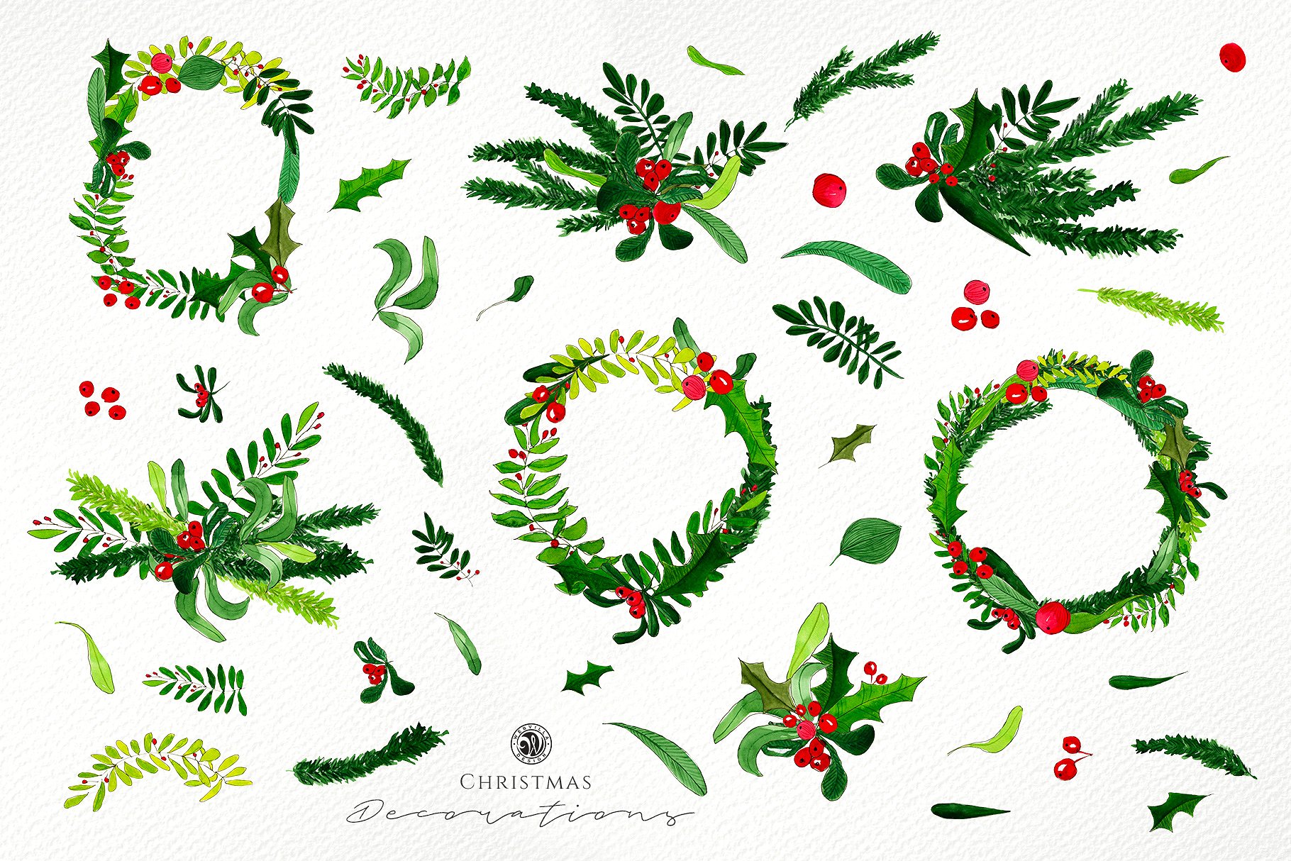 绿色水彩圣诞花卉装饰剪贴画合集 Watercolor Christmas Decorations插图(5)