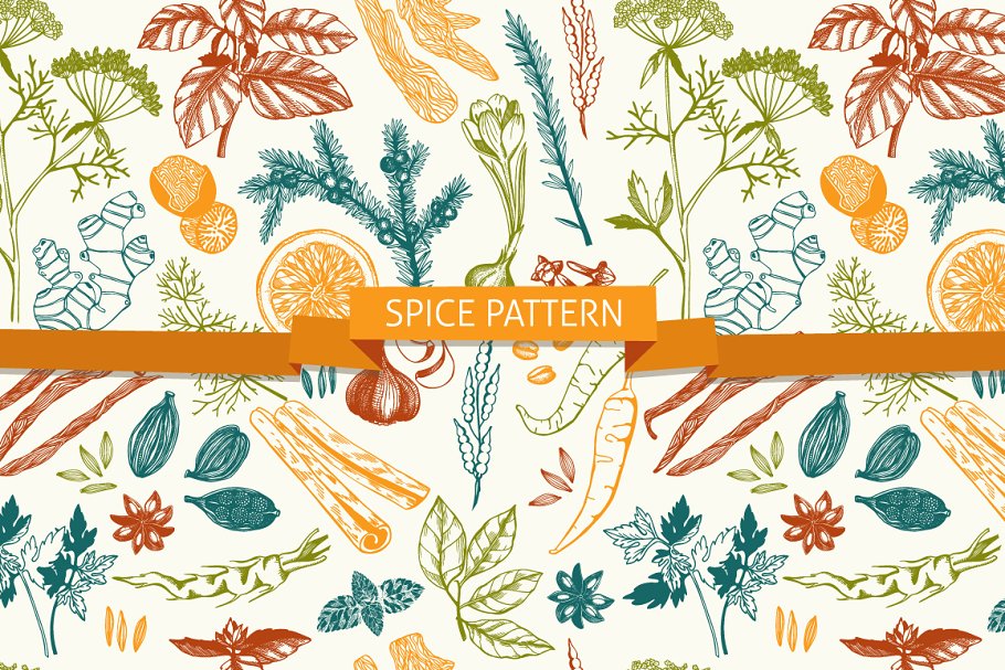 手绘厨房香料图案背景素材 3 Kitchen Spice Patterns Set插图(1)