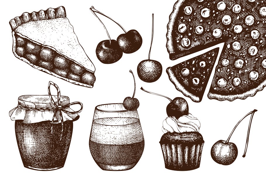墨水手绘烘焙樱桃甜点矢量插图合集 Cherry Desserts & Baking Set插图(1)