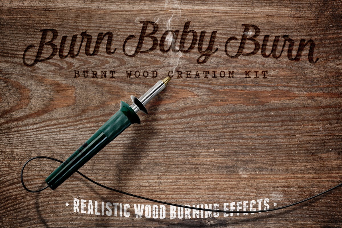 电刻笔灼烧文本图层样式 Burn Baby Burn Woodburning FX Kit插图