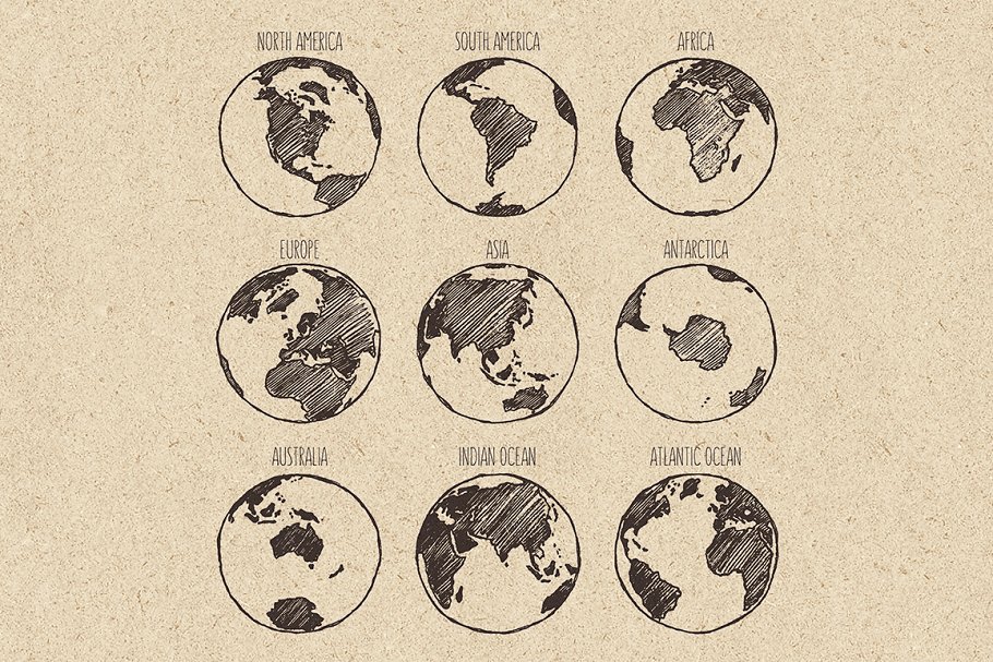 地球七大洲四大洋素描图形 Sketches of the globe插图(1)