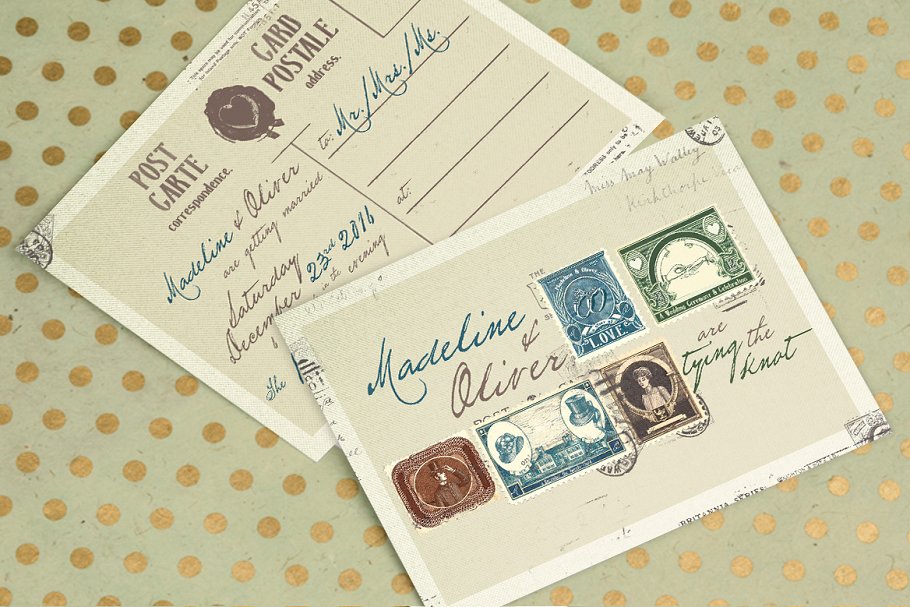 复古邮票主题风婚礼邀请函设计模板 Vintage Stamp Wedding Suite插图(1)