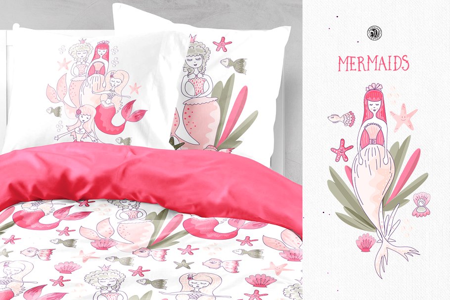 儿童产品素材粉红色美人鱼矢量剪贴画 Mermaids插图(3)