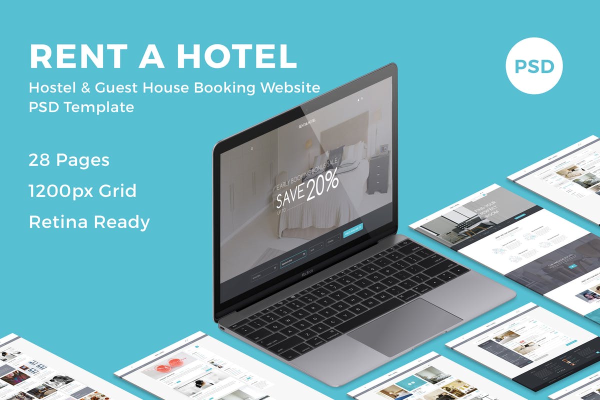 酒店在线预订系统网站PSD模板 Rent a Hotel – Booking Website PSD Template插图
