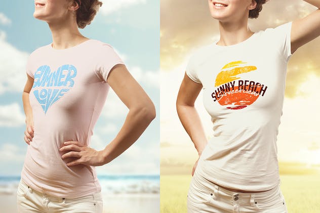 收腰女版T恤服装样机 Summer T-shirt Mock-up Female Version插图(1)