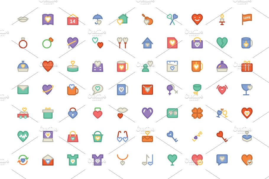 250个爱情和浪漫元素的彩色图标集合  250 Love and Romance Colored Icons插图(2)